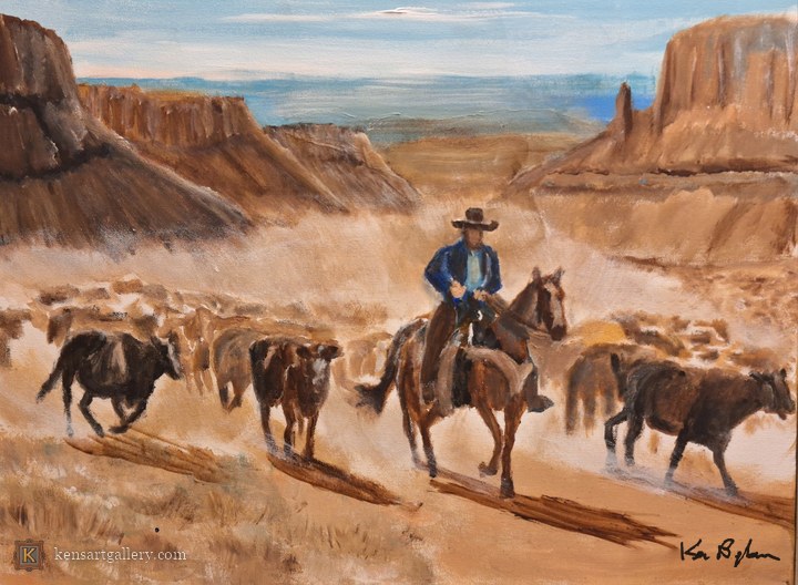 Cowboy Leading Cattle Through Desert, painting by Ken Bingham