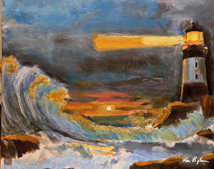 Lighthouse Illuminating Stormy Sea, painting by Ken Bingham