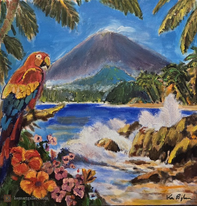 Tropical Paradise with Parrot, painting by Ken Bingham