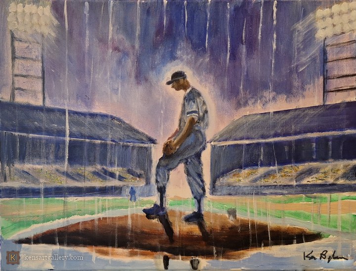 Baseball Player on Rainy Field, painting by Ken Bingham