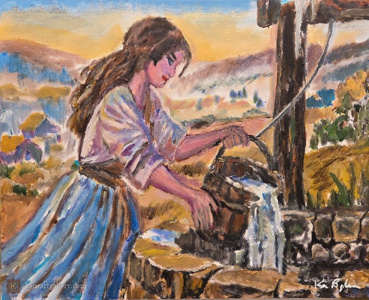 Young Woman Fetching Water from Well, painting by Ken Bingham