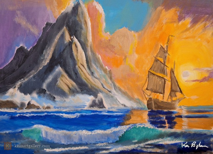 Ship at Sea near Majestic Mountain, painting by Ken Bingham